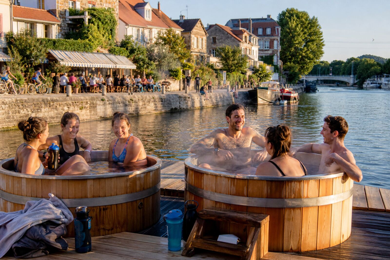 Image générée de deux bains froids en tonneau de bois avec échelles, au bord d’un ponton sur la rivière