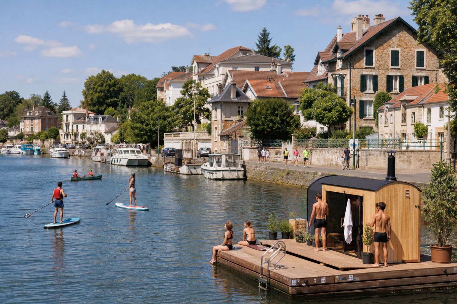 Image générée d’une cabine de sauna en bois vitrée sur un ponton amarré, face à la rivière