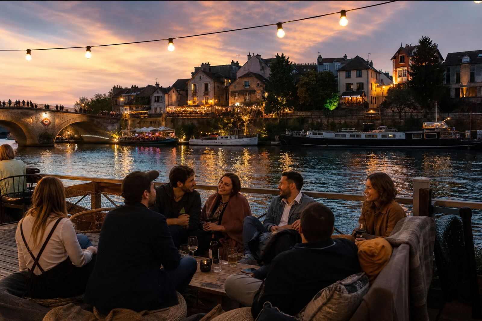 Image générée d’une terrasse en bois avec des sièges bas, des plantes, des guirlandes lumineuses et un service à tisane au-dessus de la rivière
